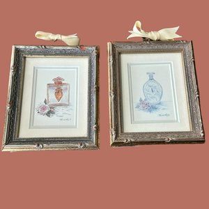 Vintage Wanda Lee Set of 2 Miniature Wood Framed Illustrated Perfume Bottles